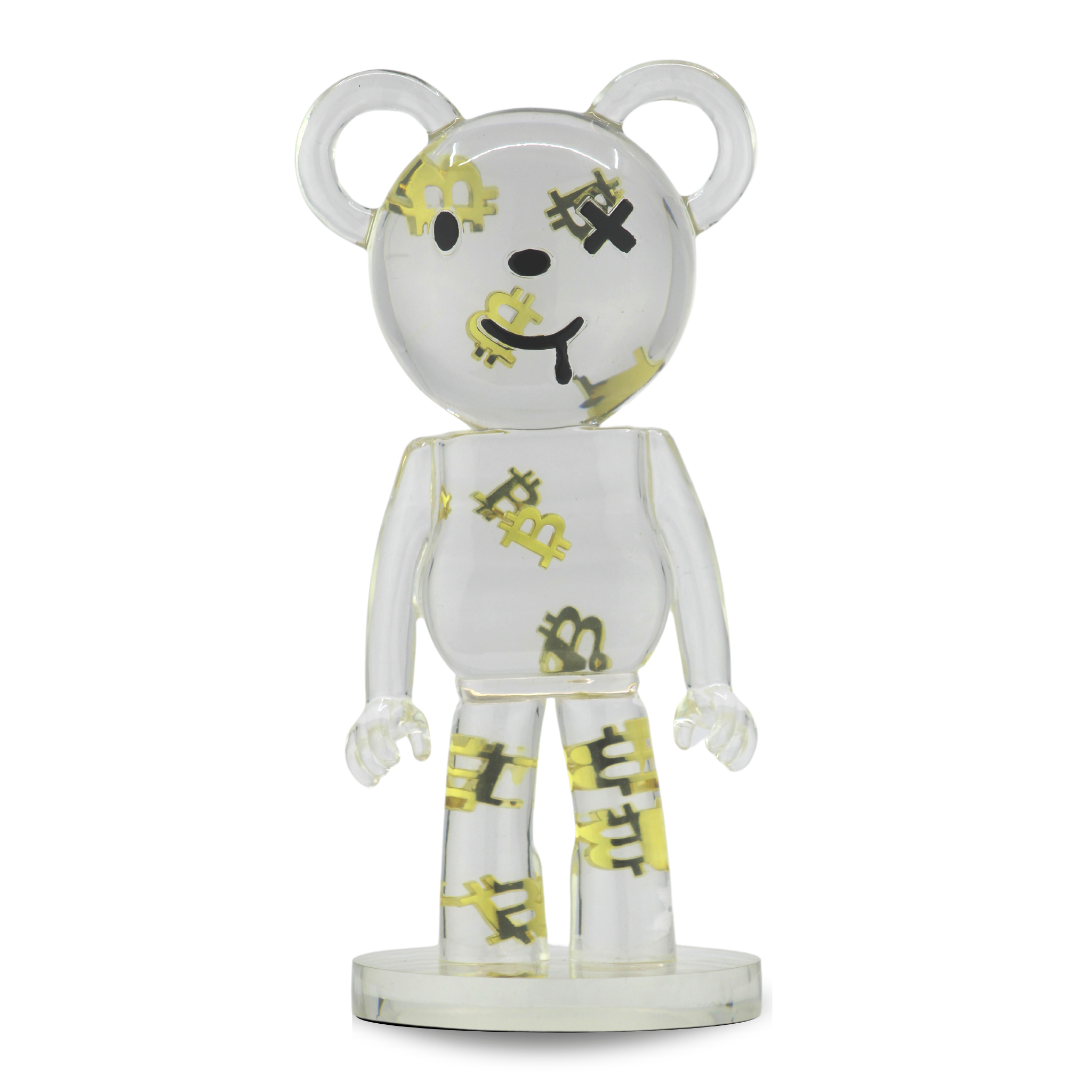 BitBear handmade transparent resin sculptural home décor piece with suspended gold-coloured Bitcoin symbols