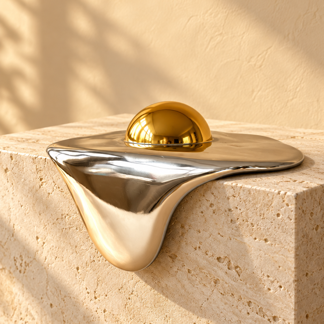 A sculptural fried egg sculpture with a reflective silver base and a polished gold dome yolk, displayed on a beige stone pedestal against a warm beige wall with soft shadow overlays.
