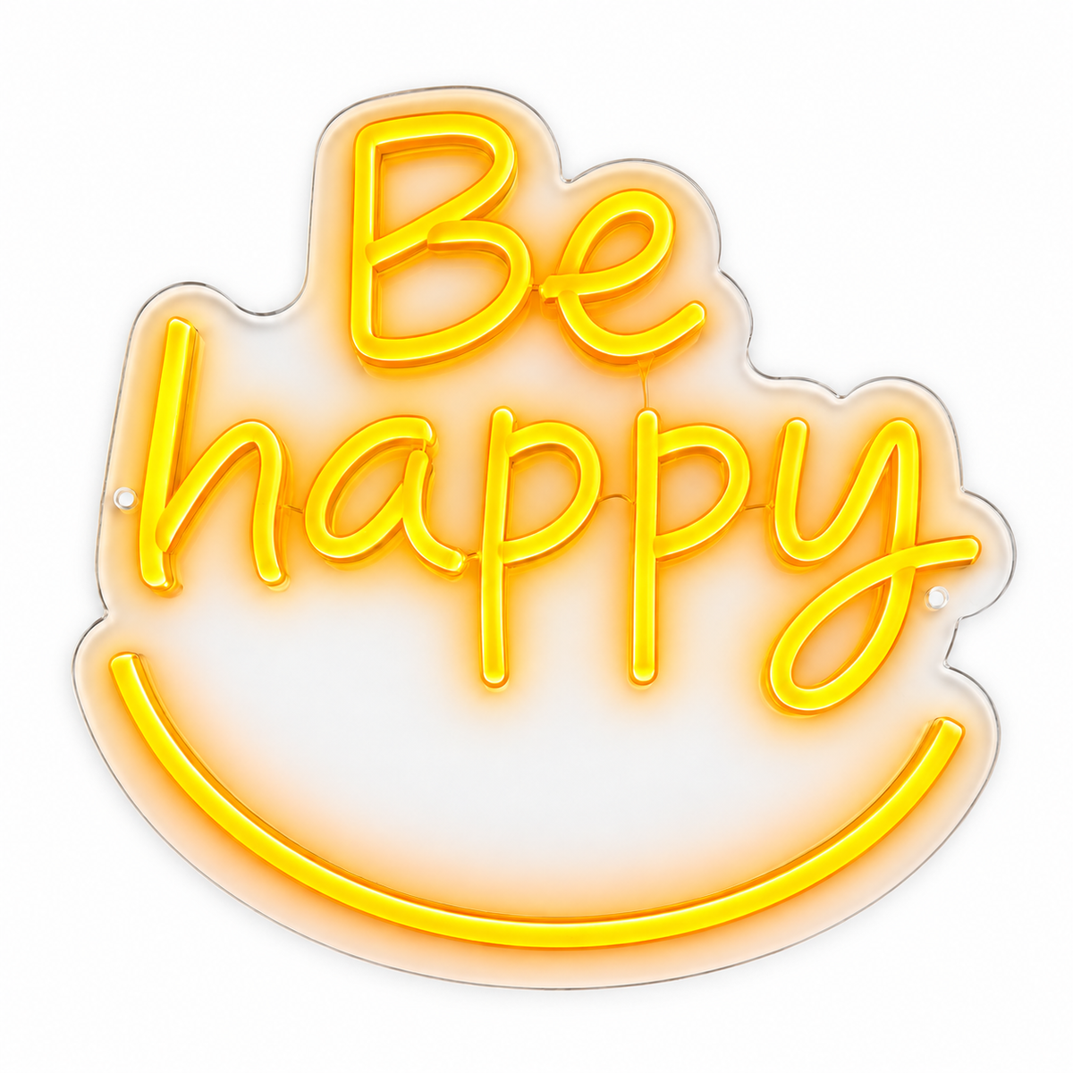 Be Happy LED neon sign by BAG&BONES illuminated in yellow on a white background