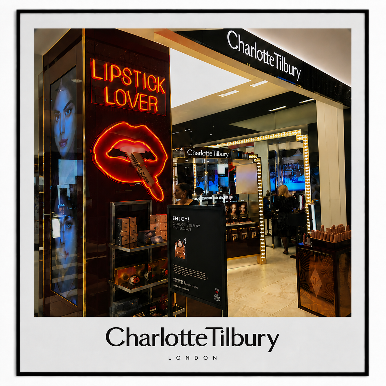BAG&BONES bespoke neon integrated into a Charlotte Tilbury retail display