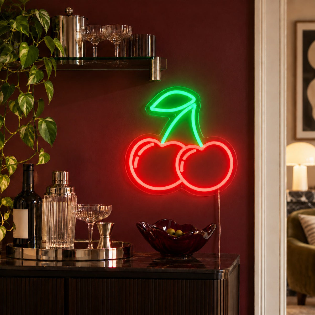 Cherry Lights LED neon sign by BAG&BONES illuminated in a styled interior