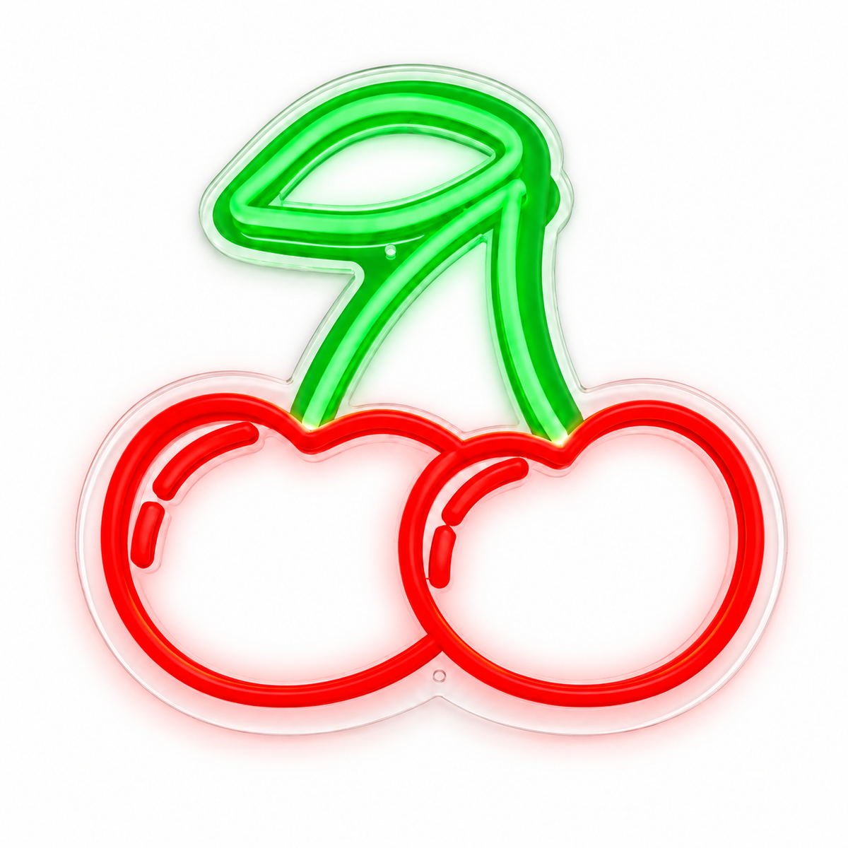 Cherry Lights LED neon sign by BAG&BONES illuminated in red and green on a white background
