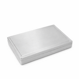 Brushed silver metal playing card case shown closed from an angled side view on a white background.