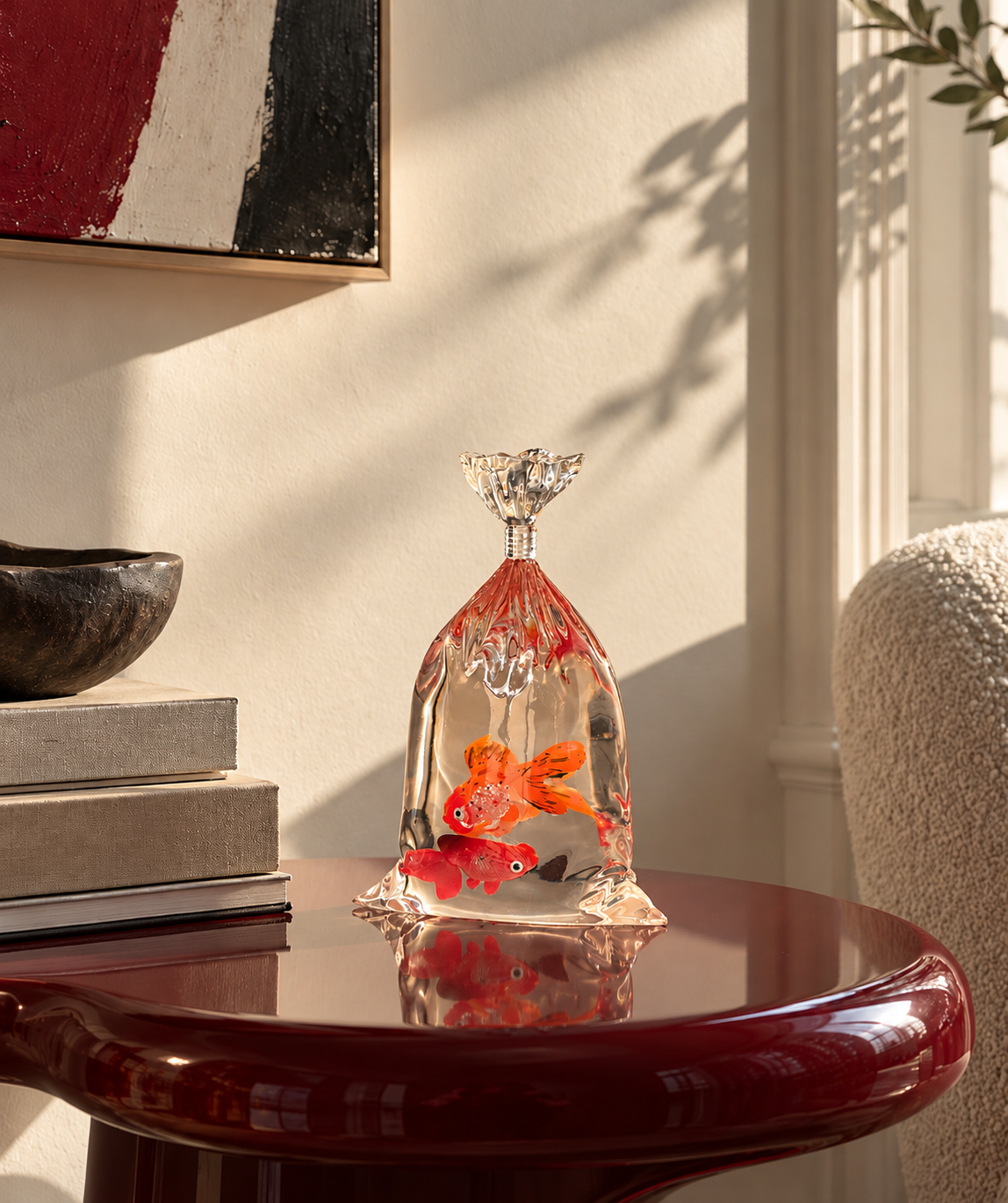Goldfish Bag Sculpture displayed on a red table in a sunlit interior