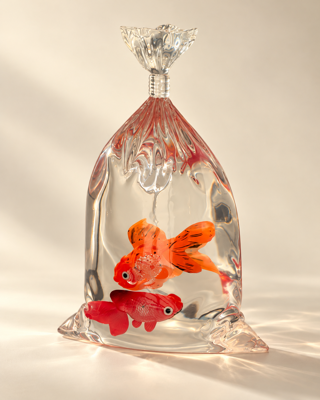 Goldfish Bag Sculpture in transparent resin with one red and one orange goldfish