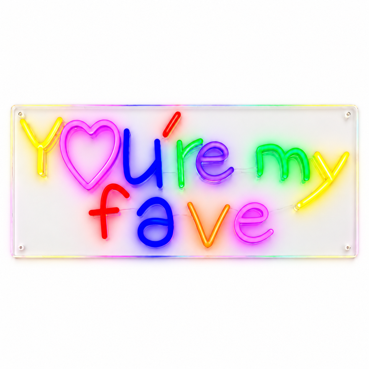 You're My Fave LED neon sign by BAG&BONES illuminated in multicoloured lettering with a heart on a white background