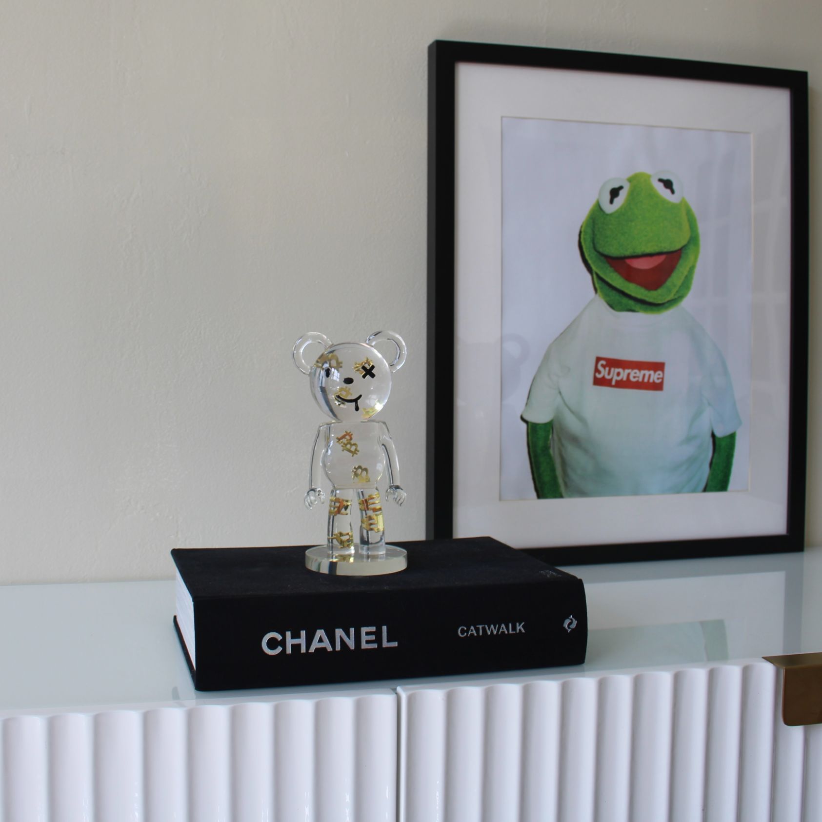 Transparent BitBear decorative object with floating gold Bitcoin symbols