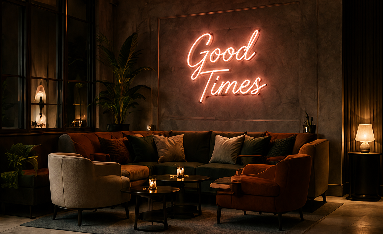 Hotel lounge with bespoke neon sign
