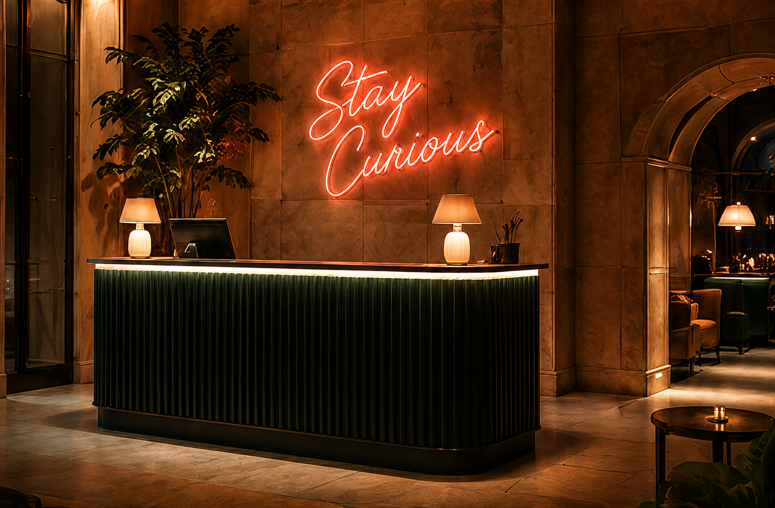 Hotel reception desk with bespoke BAG&BONES LED neon signage