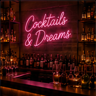 Bespoke neon sign behind a bar service area