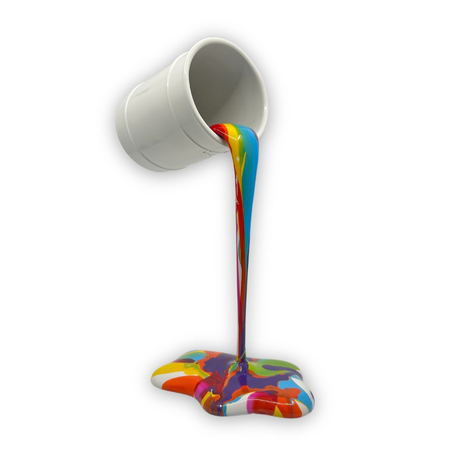 The Rainbow Paint Pot handmade sculptural home décor piece with white pot and glossy multicolored paint effect