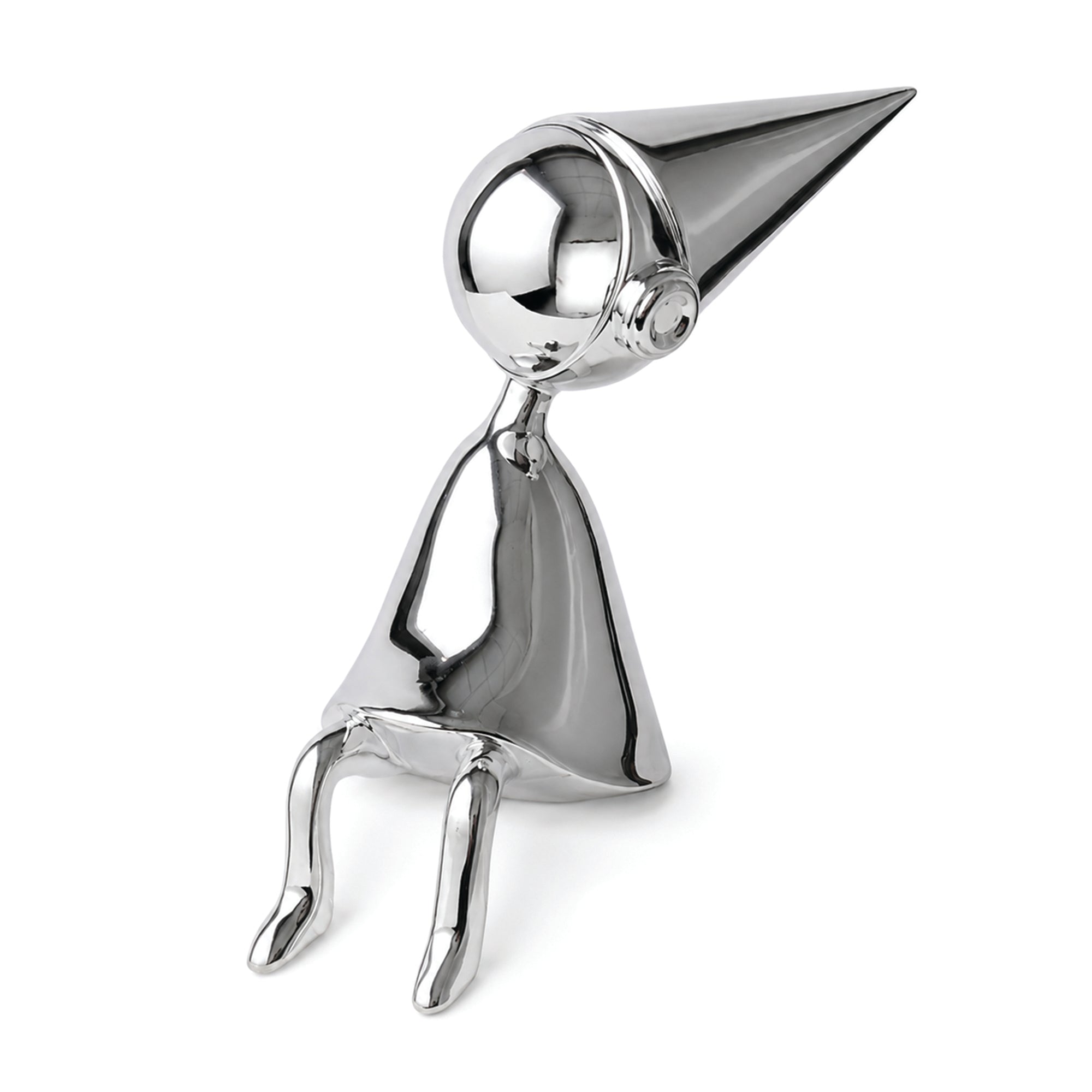 The Observer chrome decorative sculpture by BAG&BONES featuring a seated abstract figure with an elongated pointed hat and polished chrome finish on a white background.