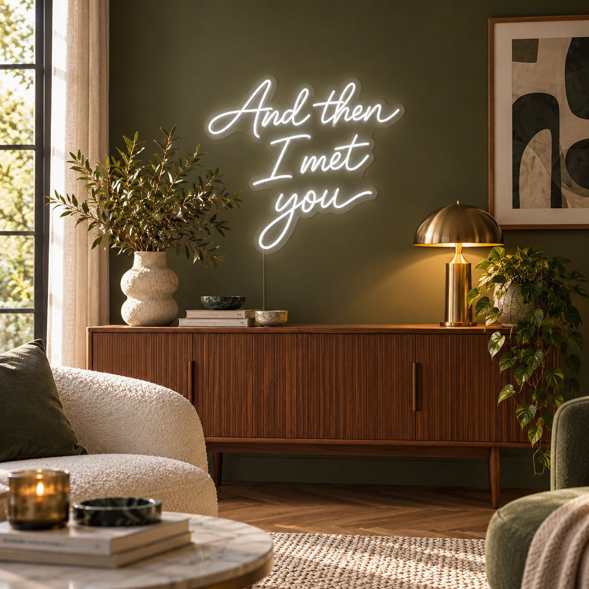 And Then I Met You LED neon sign by BAG&BONES illuminated in a styled interior