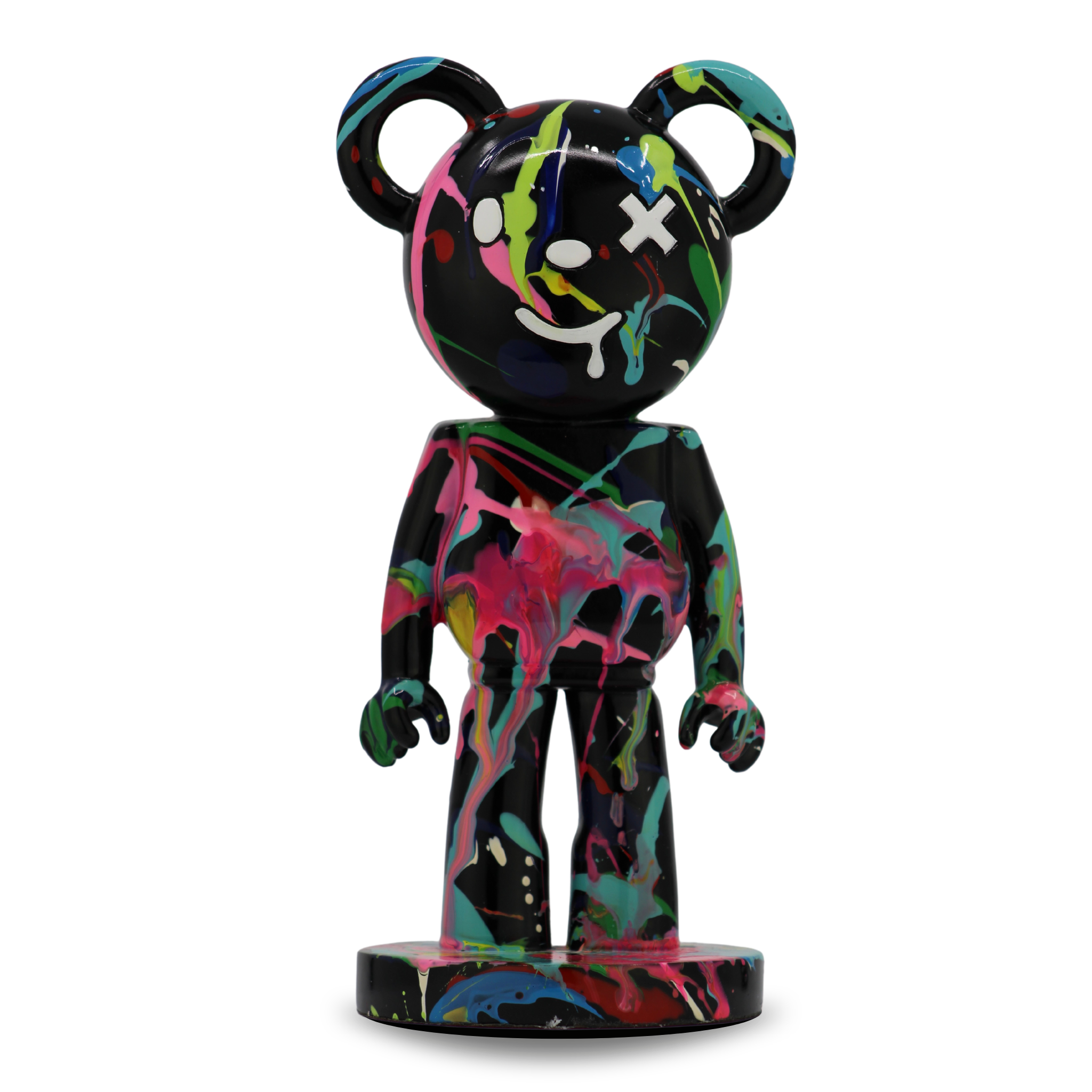 Splattered BearMouse handmade black resin sculptural home décor piece with multicoloured paint splatter details