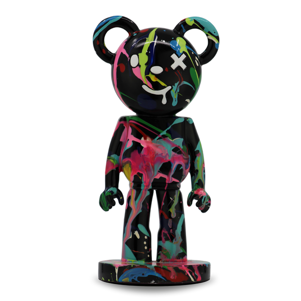 Splattered BearMouse handmade black resin sculptural home décor piece with multicoloured paint splatter details