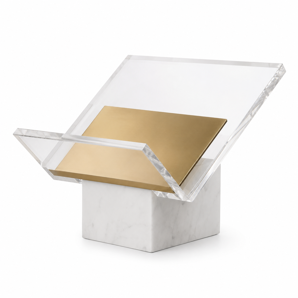 Folio magazine holder by BAG&BONES featuring a white marble base, clear acrylic frame and brushed brass shelf on a white background.