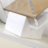 Close-up of the white marble base supporting the Folio magazine holder by BAG&BONES.