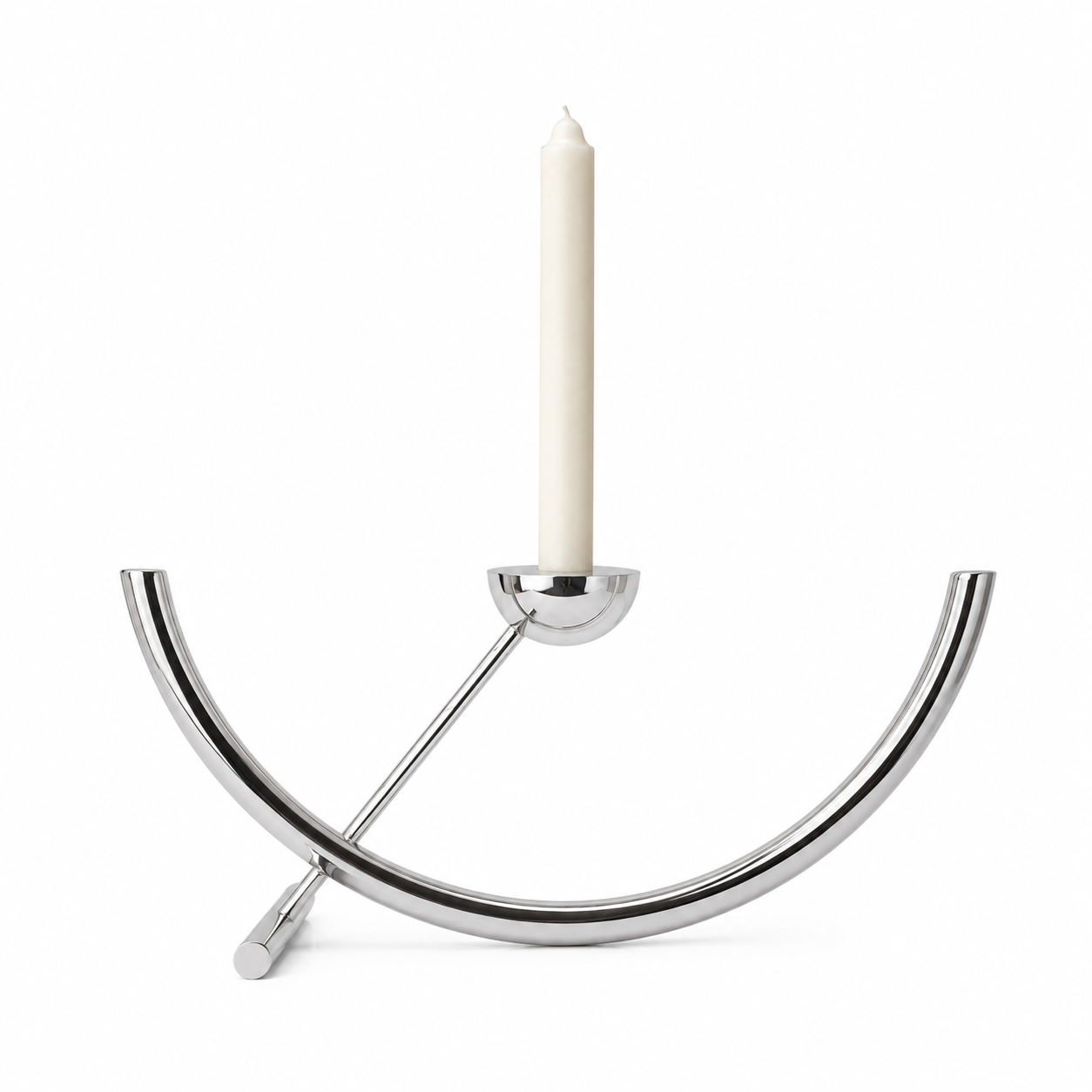 Orbit chrome candle holder by BAG&BONES featuring a polished stainless steel sculptural design with a white dinner candle on a white background.