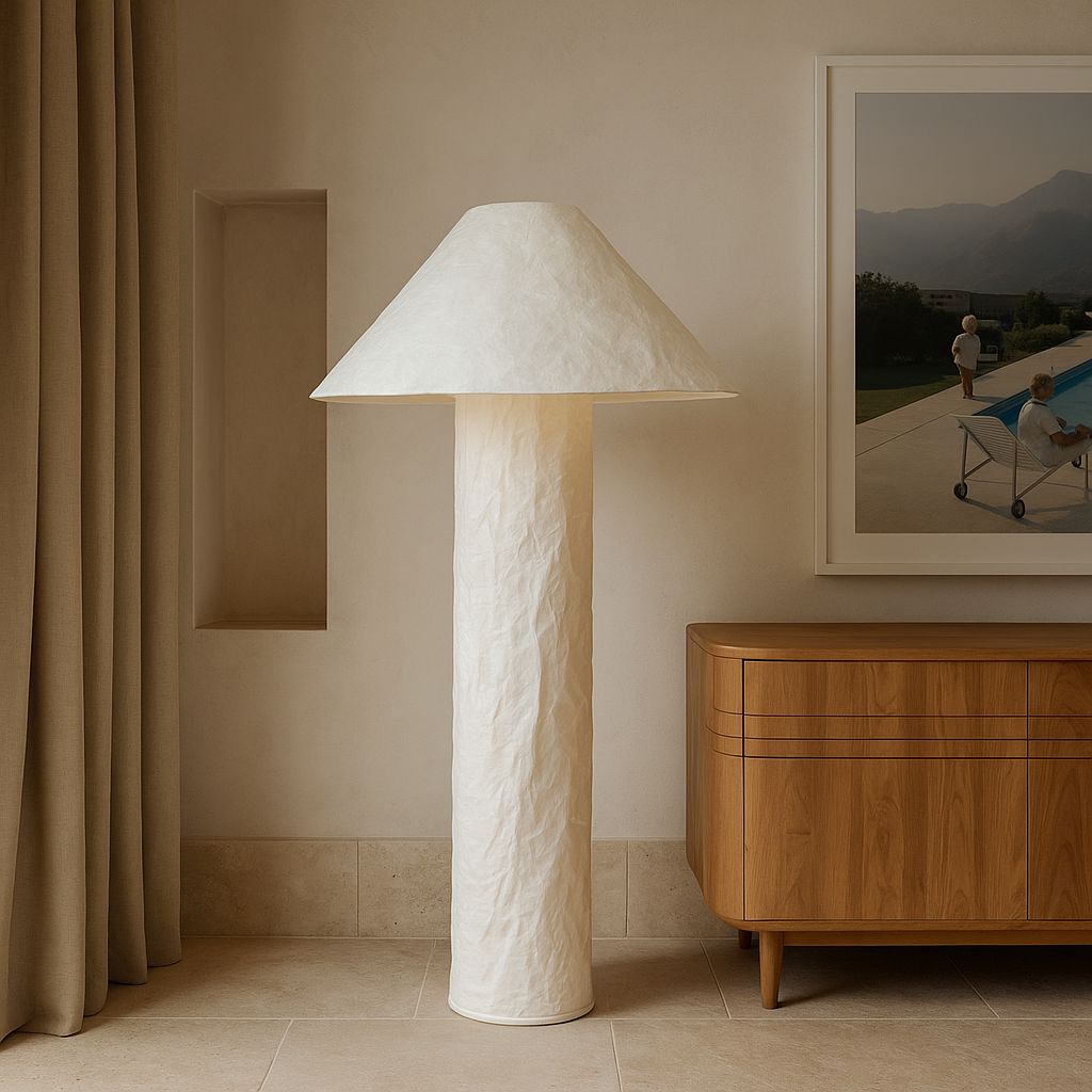 Off-white paper floor lamp with wide conical shade and tall cylindrical base