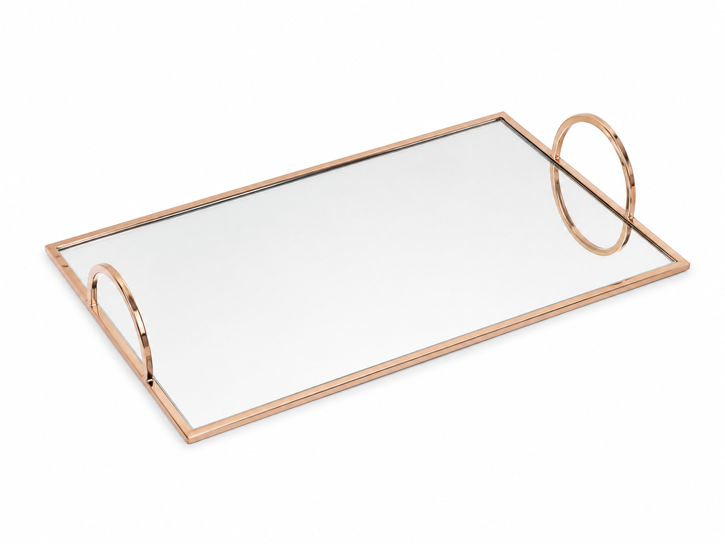 Reflect mirror tray by BAG&BONES featuring a mirrored glass surface with a polished rose gold metal frame and circular handles on a white background.