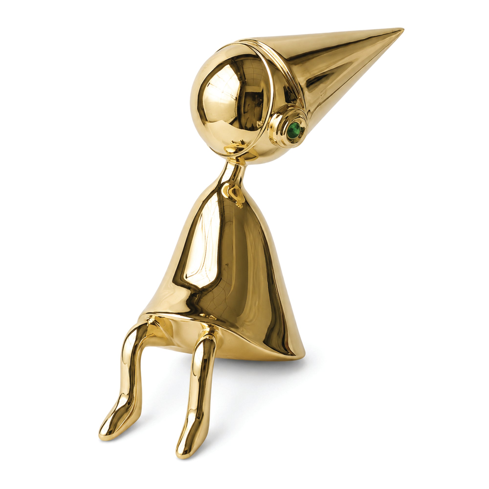 The Observer gold decorative sculpture by BAG&BONES featuring a seated abstract figure with an elongated pointed hat and polished gold finish on a white background.