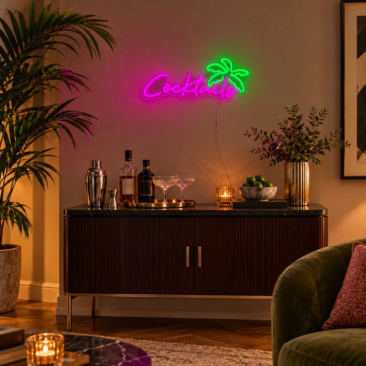 Cocktails LED neon sign by BAG&BONES illuminated in a styled interior