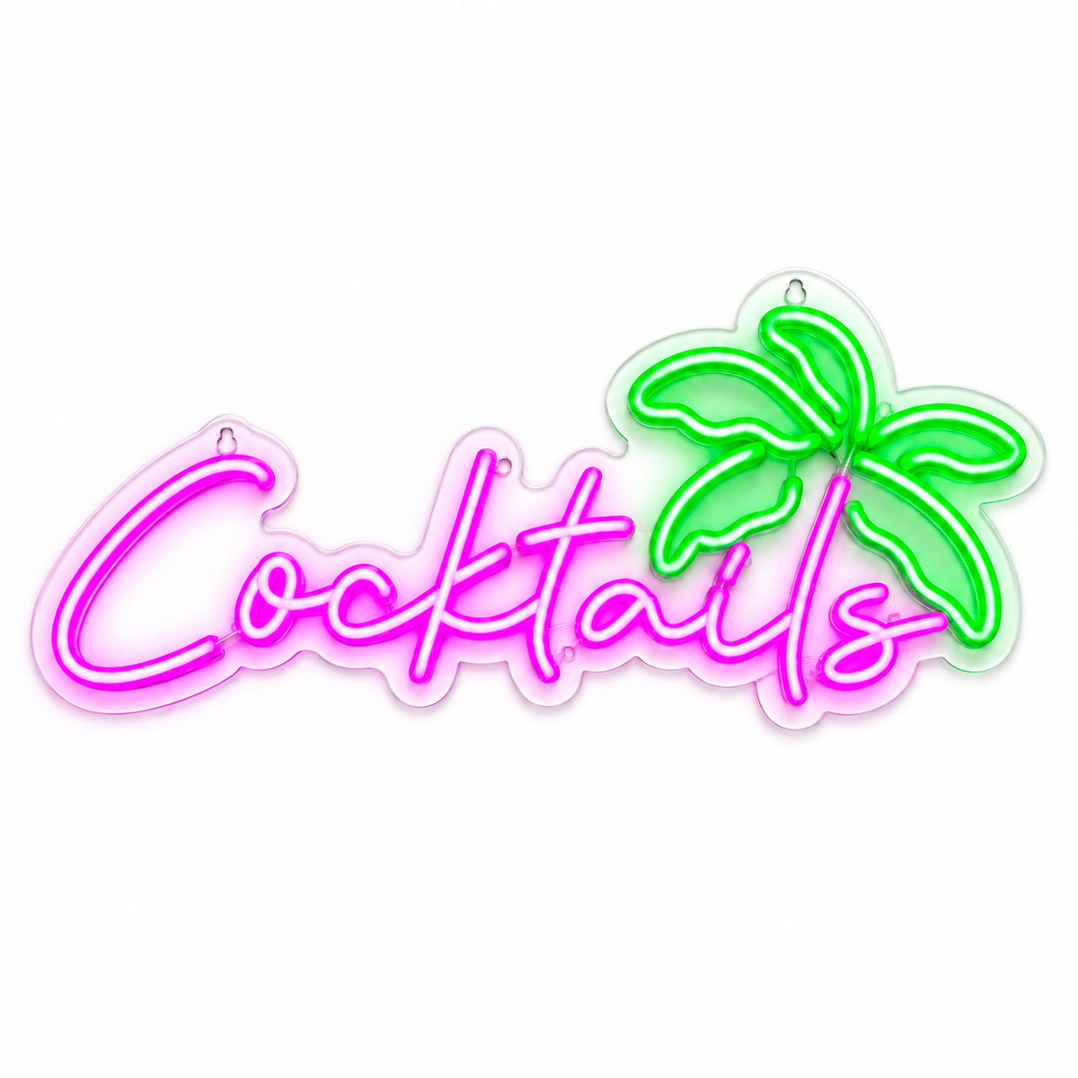 Cocktails LED neon sign by BAG&BONES illuminated in pink and green on a white background