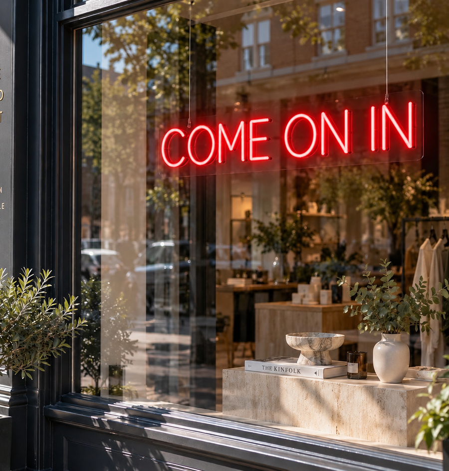 Bespoke neon sign arranged for a shop window display