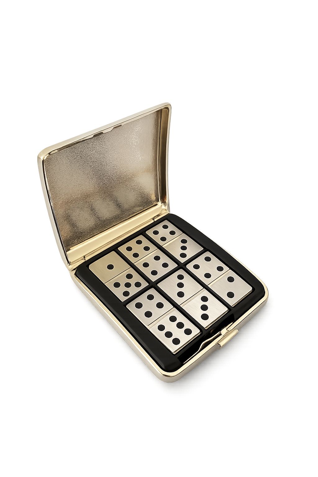 Open gold domino case showing metal domino tiles neatly arranged inside a compact travel set