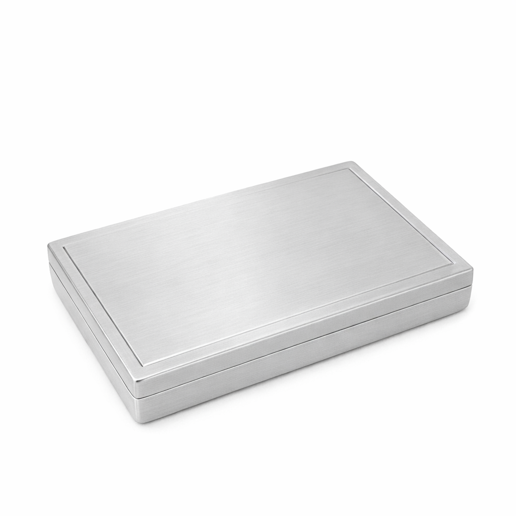 Brushed silver metal playing card case shown closed from an angled side view on a white background.