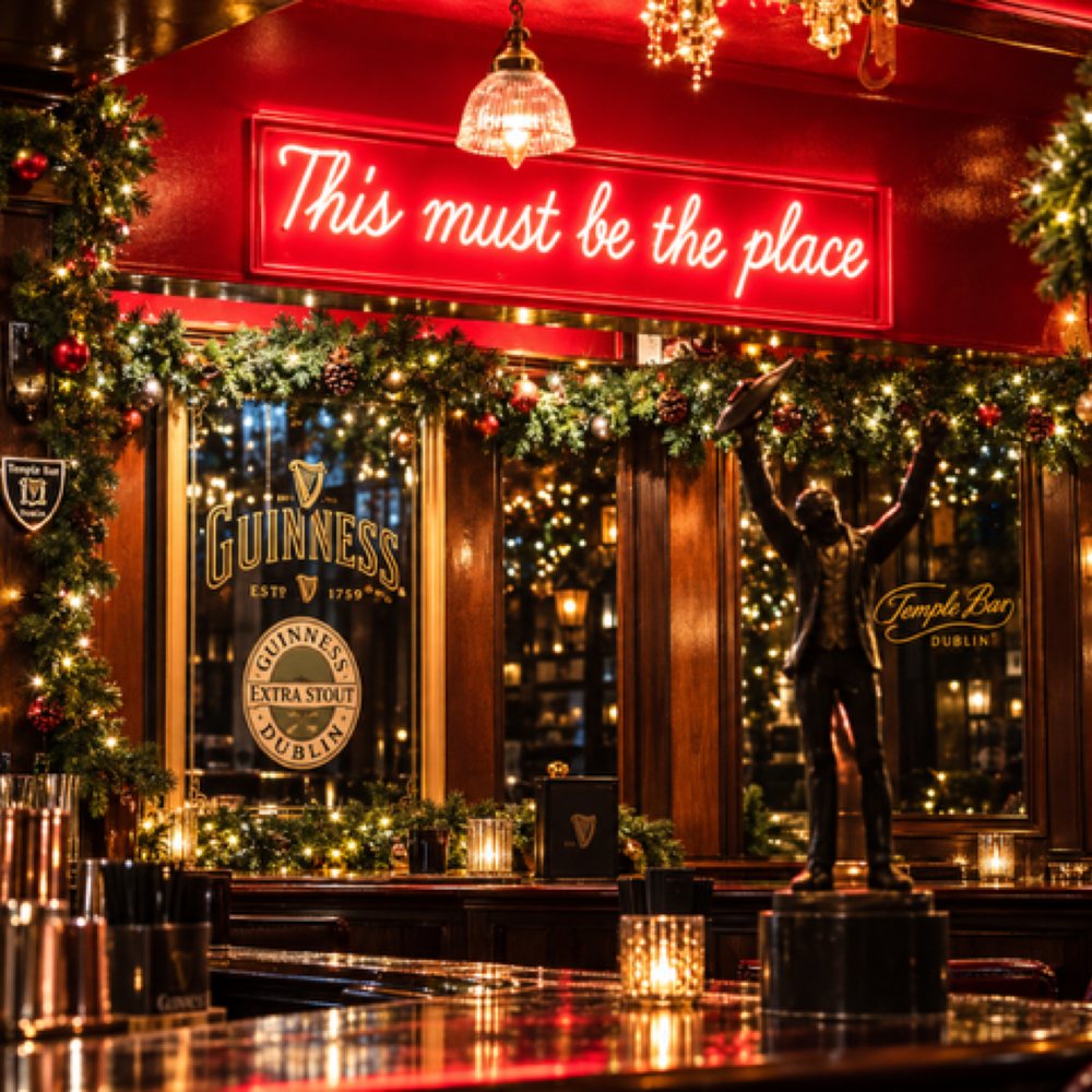 Warmly lit pub interior with festive neon atmosphere