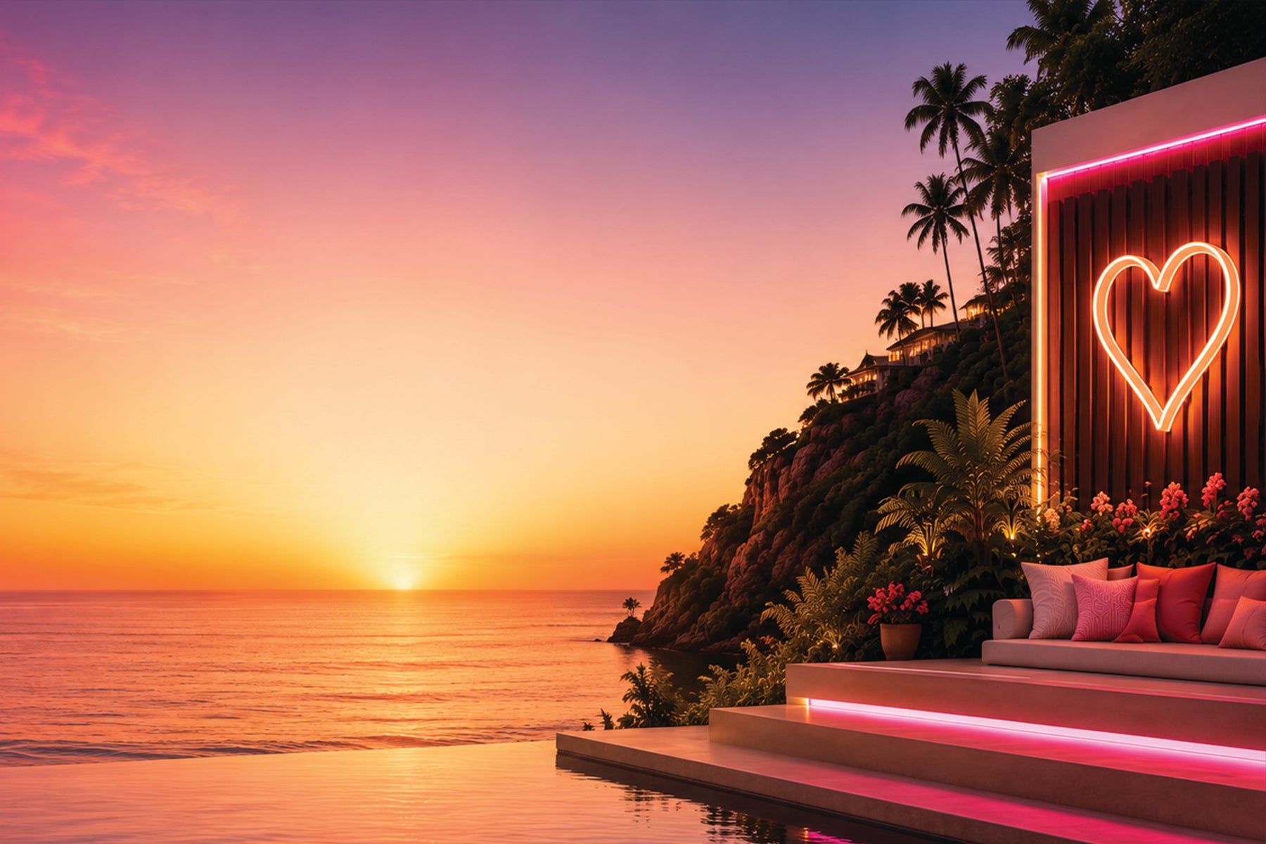 Love Island villa featuring BAG&BONES LED neon signs