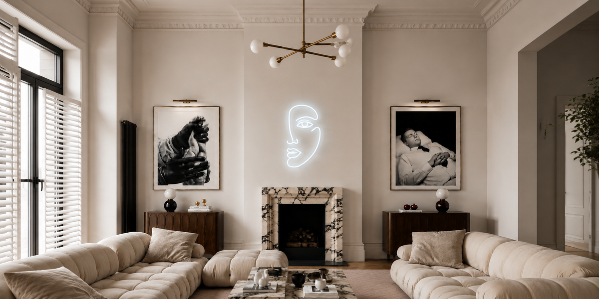 Make it happen neon sign glowing above a contemporary interior.