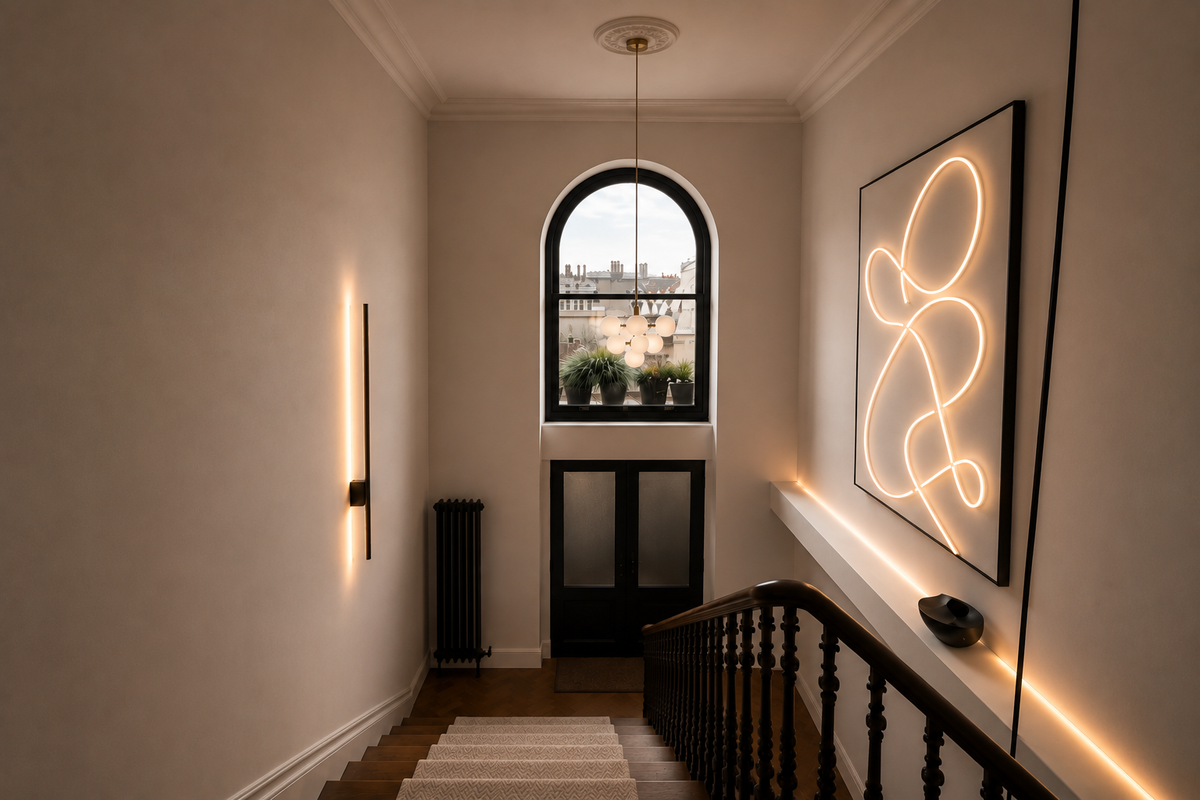 Bespoke luxury LED neon sign glowing in a considered interior.