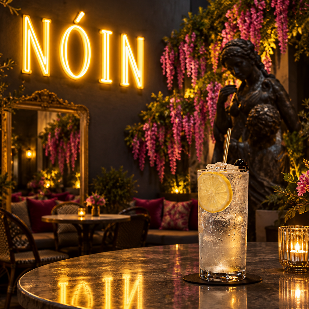 Bespoke neon sign behind a bar service area