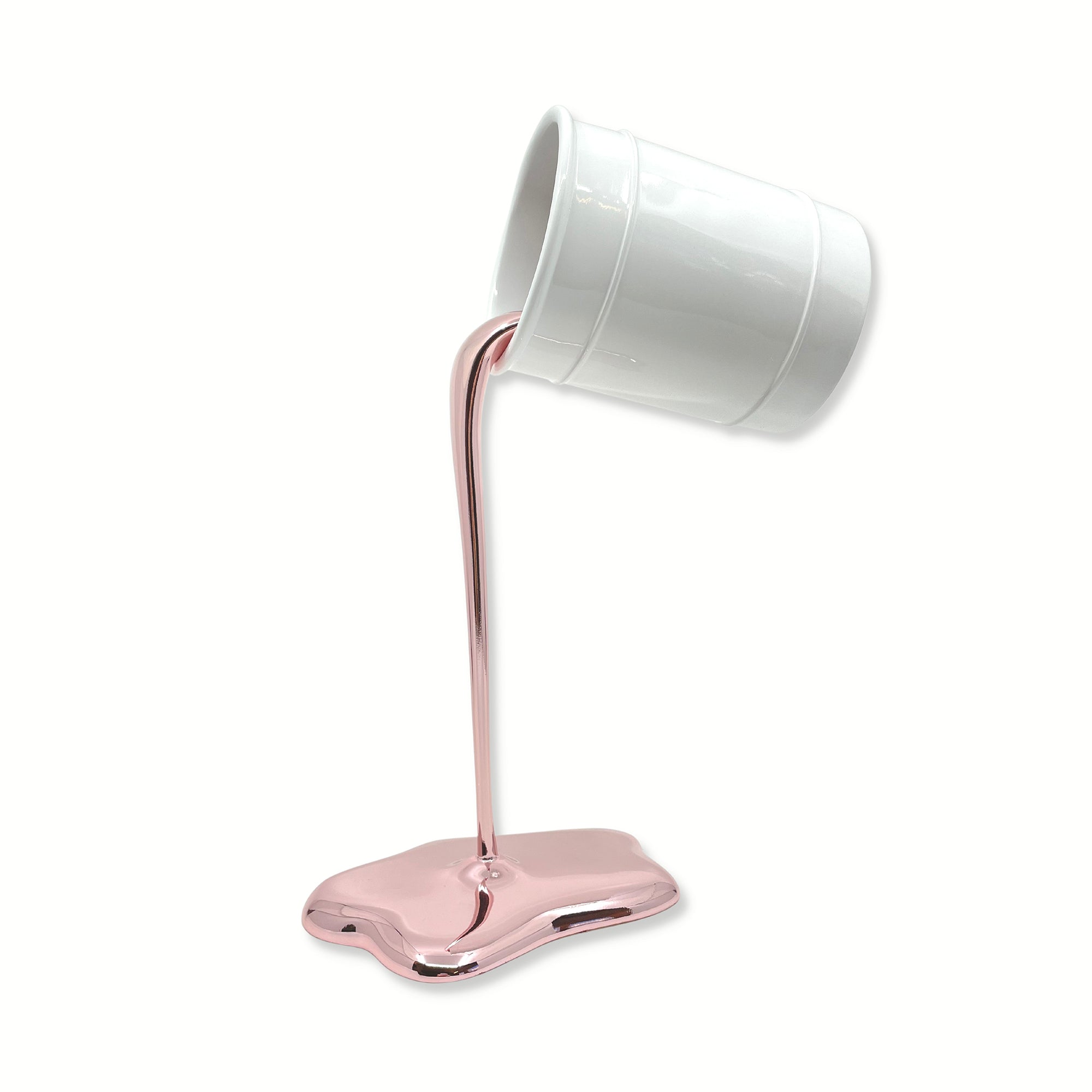 The Rose Gold Paint Pot handmade sculptural home décor piece with white pot and glossy rose gold drip effect