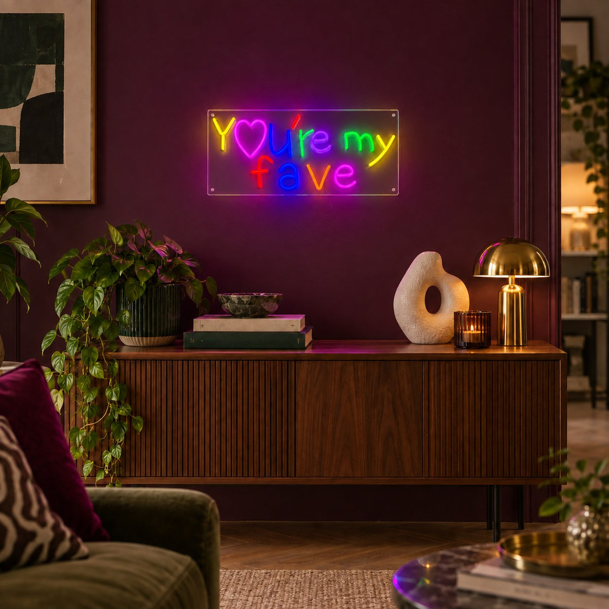 You're My Fave LED neon sign by BAG&BONES illuminated in a styled interior