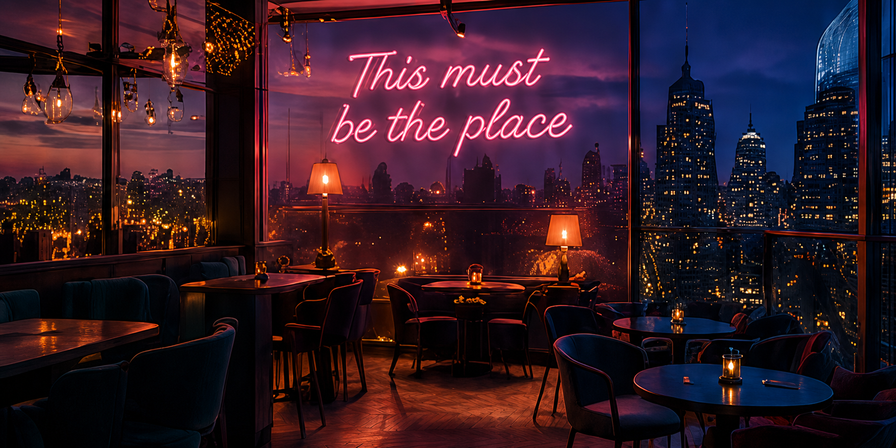 Rooftop hotel bar with bespoke neon sign