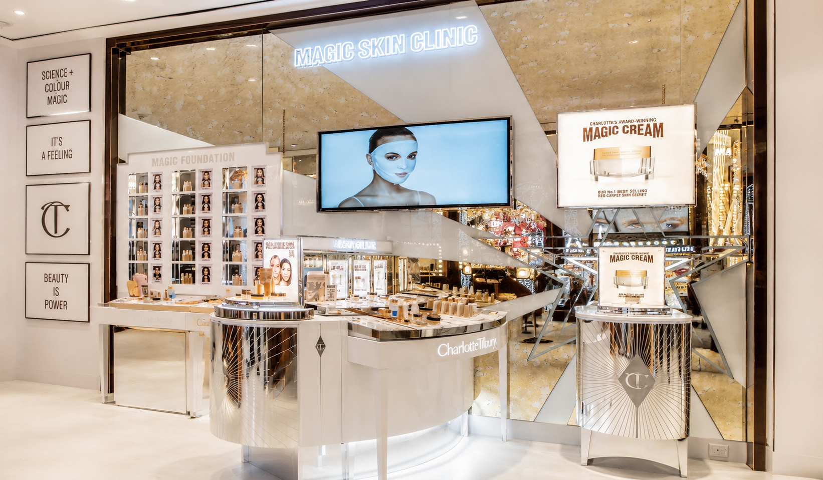 Charlotte Tilbury Beauty Wonderland store interior with bespoke illuminated retail signage in Los Angeles