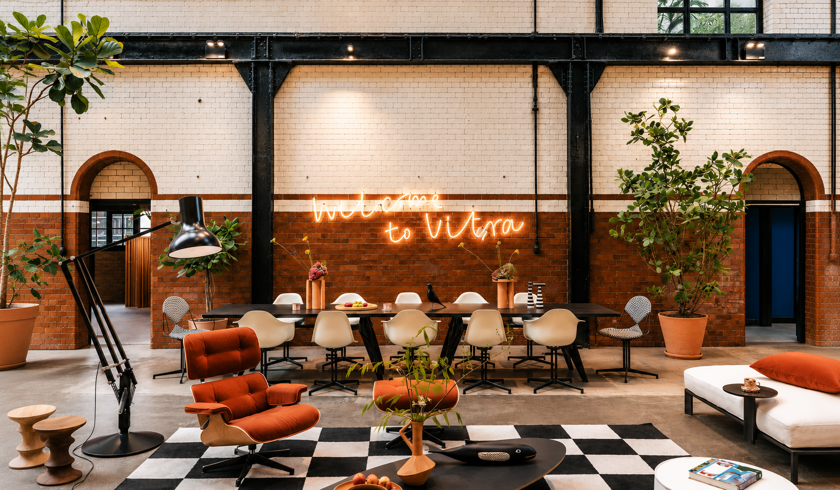 Welcome to Vitra bespoke neon sign inside the Shoreditch flagship furniture showroom